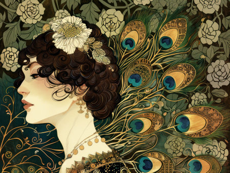 Art Nouveau elegance Woman adorned with peacock feathers surrounded by intricate floral patternsの素材