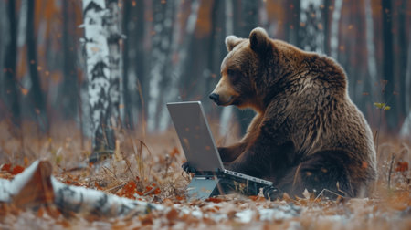 A bear in Russia using a computer to track Bitcoin showing the global spread of blockchain technologyの素材
