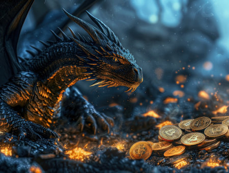 A dragon guarding a treasure trove of mined Bitcoins symbolizing the value and security in cryptocurrencyの素材
