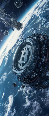 A Bitcoin orbiting within a cybersecurity satellite illustrating global defense mechanisms against cyber threatsの素材