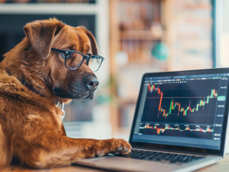A dog entrepreneur in glasses monitoring Bitcoin markets on a laptop serious business lookの素材