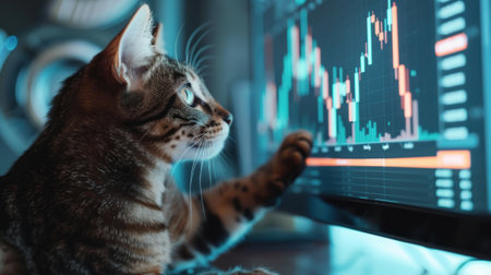 A savvy cat analyzing Bitcoin trends paw on mouse business charts on computer screenの素材