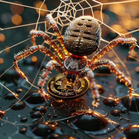 A spider weaving a web around a Bitcoin representing the intricate defenses against cyber threatsの素材