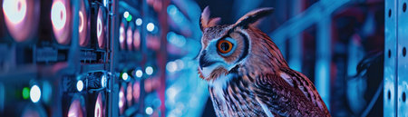 A wise owl overseeing a Bitcoin mining farm symbolizing knowledge and management in digital financeの素材