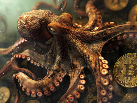 An octopus using its tentacles to guard multiple Bitcoins illustrating the complexity of crypto securityの素材