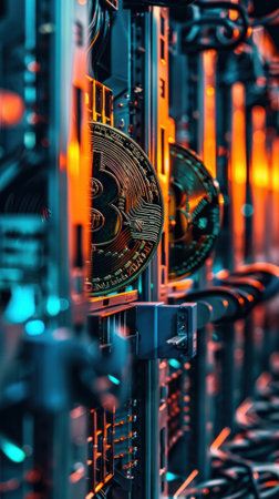 Bitcoin mining operation close up servers running in a tech savvy business environmentの素材