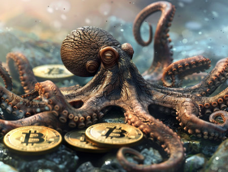 An octopus using its tentacles to guard multiple Bitcoins illustrating the complexity of crypto securityの素材