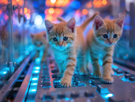 Cats walking on keyboards in a Bitcoin mining center adding a touch of whimsy to the crypto worldの素材