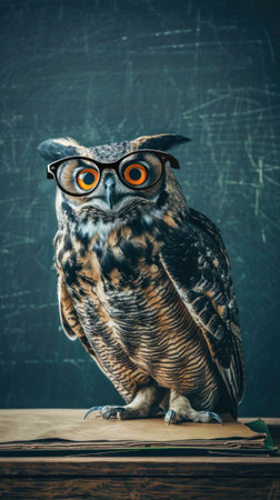 Content owl wearing glasses teaching at a chalkboard night school vibeの素材