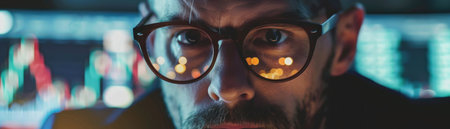 Financial analyst scrutinizing Bitcoin market close up on eyes and graphs business acumenの素材