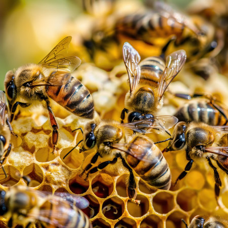 Happy bees as entrepreneurs running a honey business beehive startup sceneの素材