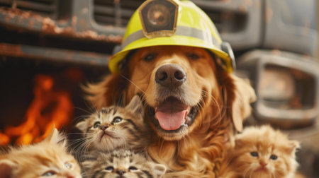 Happy golden retriever in a firefighter uniform heroically saving kittensの素材