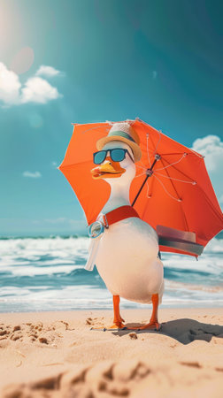 Enthusiastic duck as a lifeguard watching over a sunny beach safety firstの素材