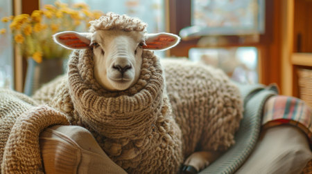 A serene sheep lounges on a comfy couch, enveloped in a warm, knitted woolen environment, at home.の素材