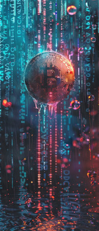 A Bitcoin token stands amidst a backdrop of vibrant digital data streams, symbolizing cryptocurrency's virtual essence.の素材