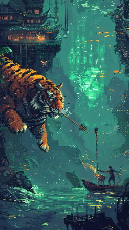 Spearfishing in a steampunk ocean Bengal tigers swim in pixel art form neo Dada auroras illuminate the sceneの素材
