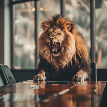 A lion in the boardroom presenting roaring Bitcoin predictions leadership in crypto businessの素材