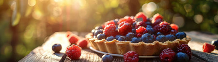 Close up of a homemade summer dessert featuring a berry tart on a rustic table bathed in golden sunlightの素材