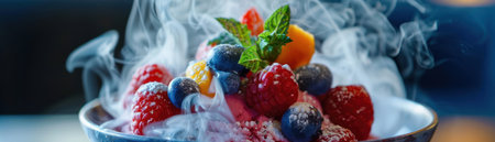 Artisanal gelato in a close up adorned with a colorful array of fresh fruit showcasing culinary artistryの素材
