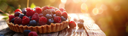 Close up of a homemade summer dessert featuring a berry tart on a rustic table bathed in golden sunlightの素材