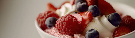 Artisanal gelato in a close up adorned with a colorful array of fresh fruit showcasing culinary artistryの素材