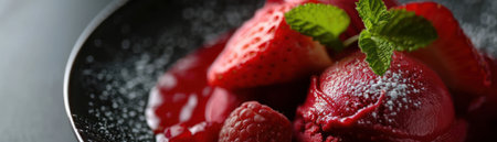 Delectable homemade strawberry shortcake in a summer setting close up on layers of freshness and flavorの素材