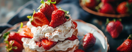 Delectable homemade strawberry shortcake in a summer setting close up on layers of freshness and flavorの素材