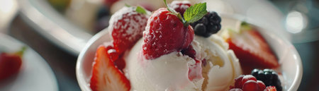 Delectable homemade strawberry shortcake in a summer setting close up on layers of freshness and flavorの素材
