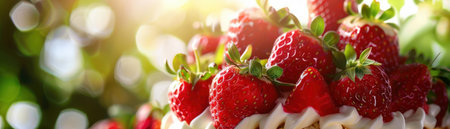 Delectable homemade strawberry shortcake in a summer setting close up on layers of freshness and flavorの素材
