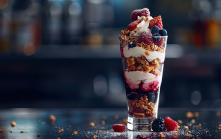 Luscious close up of a summer berry parfait layers of yogurt granola and fruits in a tall glassの素材