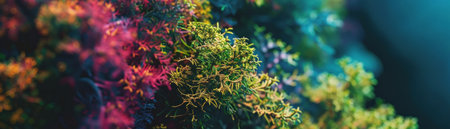 Close-up of chromatic moss, thriving in darkness, a surreal reflection of resilience amidst lifes trialsの素材