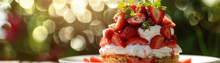 Delectable homemade strawberry shortcake in a summer setting close up on layers of freshness and flavorの素材