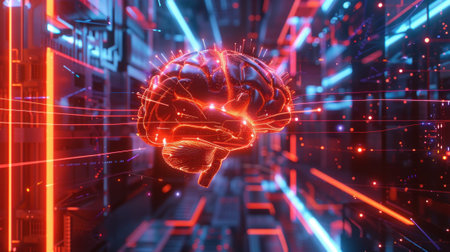 Futuristic AI brain interface, quantum circuits glowing, blockchain data streams, in immersive AR and VR environmentsの素材