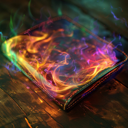 In the gloom, a wallet ignites, colorful digital flames reflecting a troubled journeyの素材