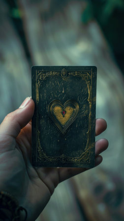 In the gloom, a hand holds an oracle card, love and death intertwined deeplyの素材