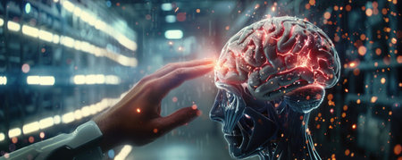 Machine learning algorithms optimizing renewable energy, robotics hands crafting the future, brain-computer interfaces in actionの素材