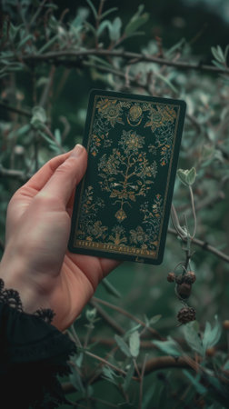 In the gloom, a hand holds an oracle card, love and death intertwined deeplyの素材