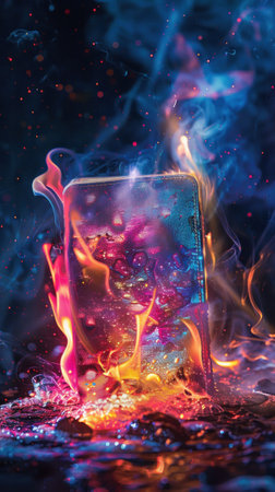 Vivid flames engulf a wallet, colorful digital embers hint at loss and rebirthの素材