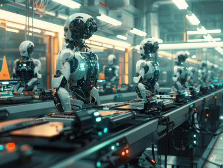 Futuristic robotics assembly line, powered by renewable energy, with brain-computer interfaces, digital twins modeling, and machine learningの素材