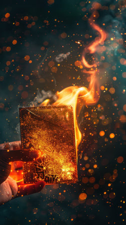 Vivid flames engulf a wallet, colorful digital embers hint at loss and rebirthの素材