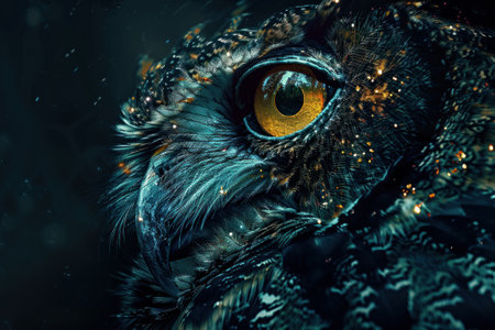 An enigmatic creature, digital and vivid, lurks in darkness, eyes gleamingの素材