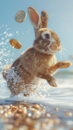 A 3D rabbit hops along a beach, leaving bitcoin and crypto symbols in its wake, blending business with vacationの素材