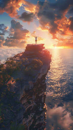 A tranquil yoga pose atop a serene cliff symbolizing balance and compassion with the euphoria of achievement radiating at sunriseの素材
