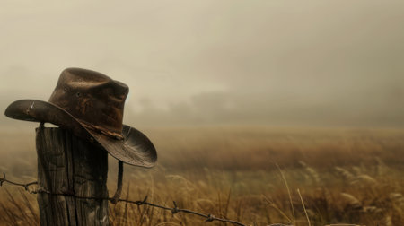 A tattered hat on a wooden fence post overlooking a field shrouded in mist secrets lost to timeの素材