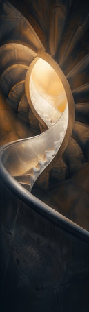 A spiraling staircase leading to a beam of light embodying the journey towards understanding simplicity and the quintessence of enlightenmentの素材