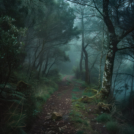 An ancient fog covered forest that whispers tales of mystery and loyalty where paths lead to unknown destinations inviting the brave to exploreの素材
