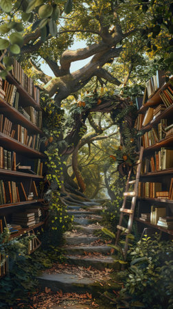 An enchanted forest paths lined with books and scrolls of knowledge where every tree whispers spells of liberty and magicの素材