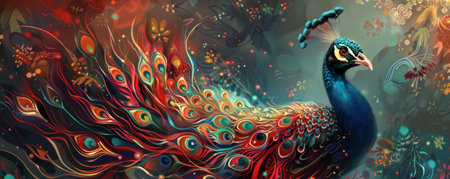 Create a stunning abstract depiction of a majestic peacock using vibrant colors and intricate patternsの素材