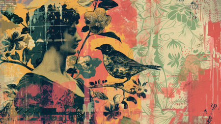 Design a graphic composition using a limited color palette and distressed textures for a vintage lookの素材
