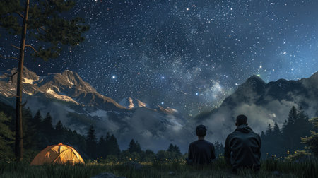 A 3D illustration of a father and child setting up camp under a starry sky, surrounded by the tranquility of the wildernessの素材
